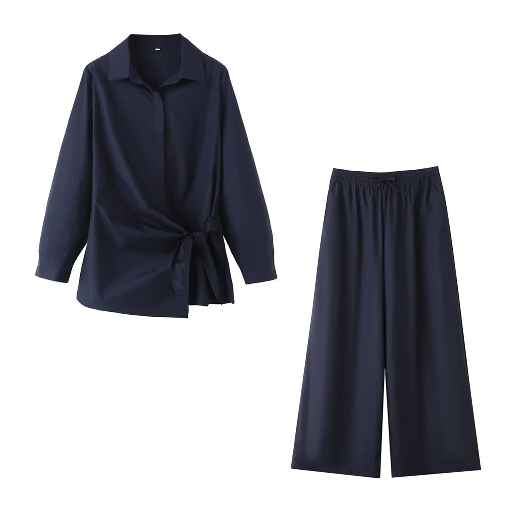 Double breasted poplin shirt+wide leg pants set