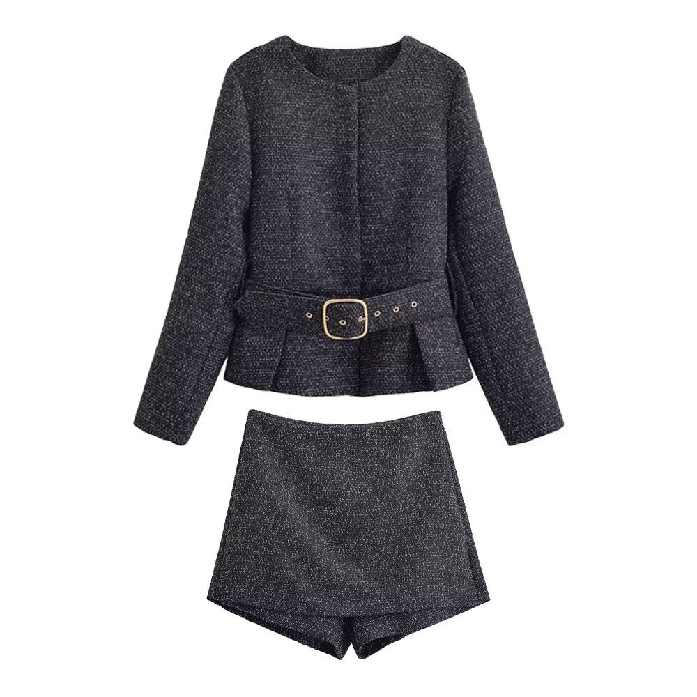 Coarse woolen coat+skirt and pants set