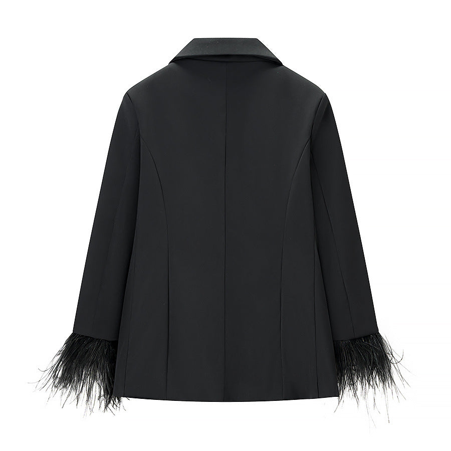 Chic Feather-Embellished Jacket &amp High-Waisted Pants SetStyle Women's Fashion Outfit