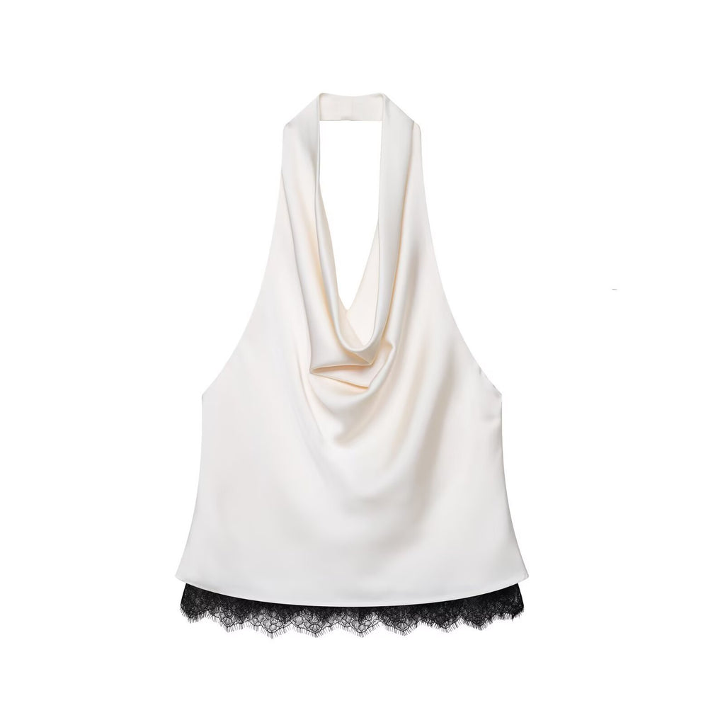 Lace embellished satin top+skirt set