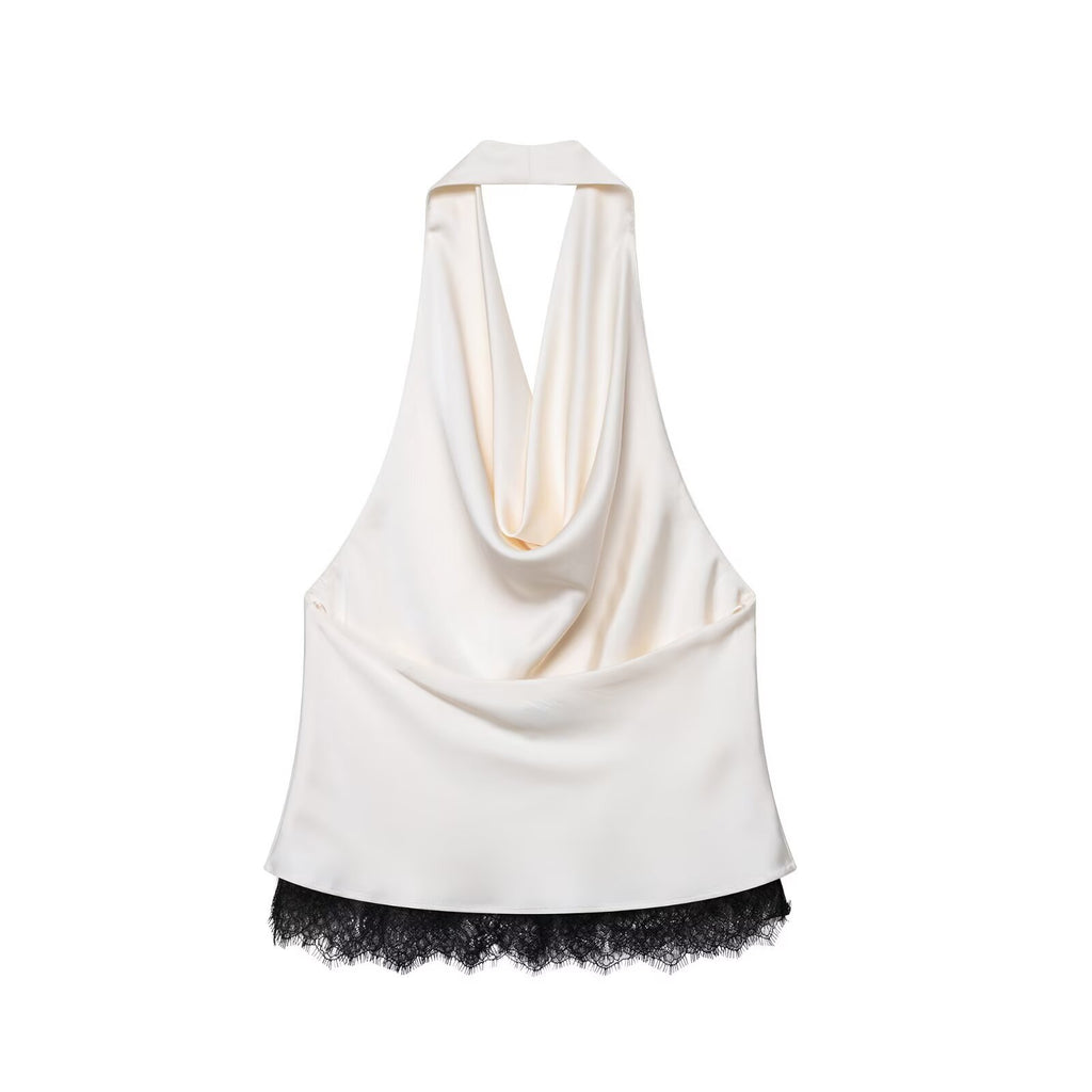 Lace embellished satin top+skirt set