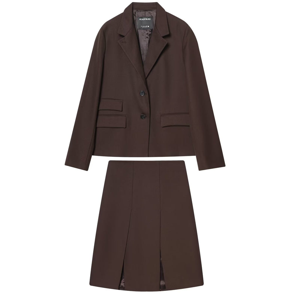 Pocket embellished suit jacket+wide pleated skirt