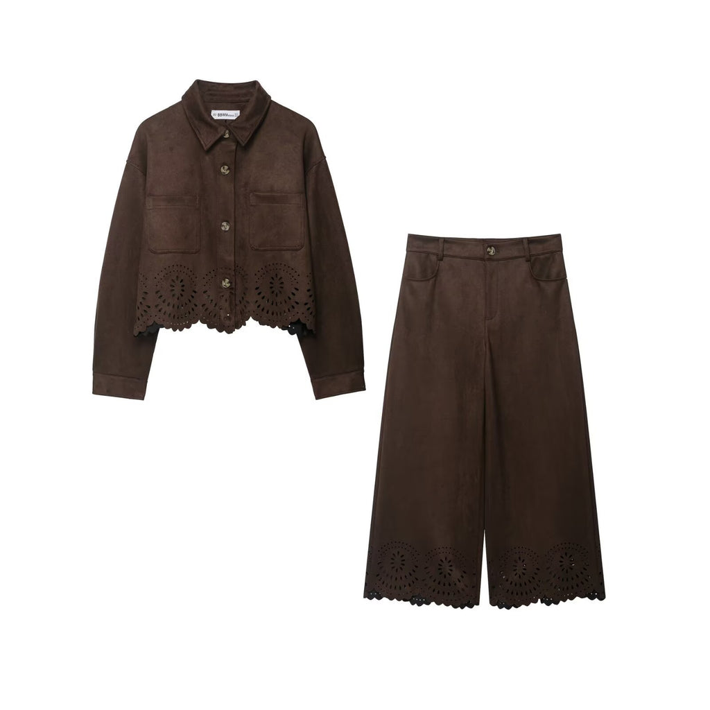 Hollow hem suede jacket+pants set